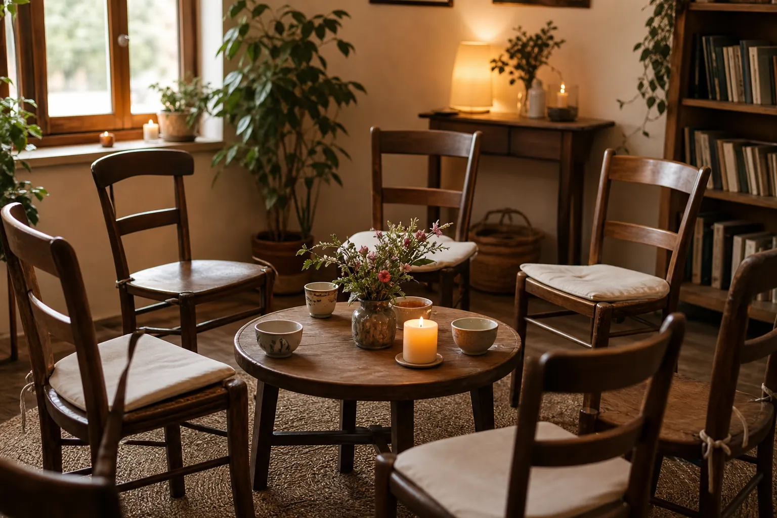 A cozy circle of chairs around a candle-lit table for a Death Café gathering
